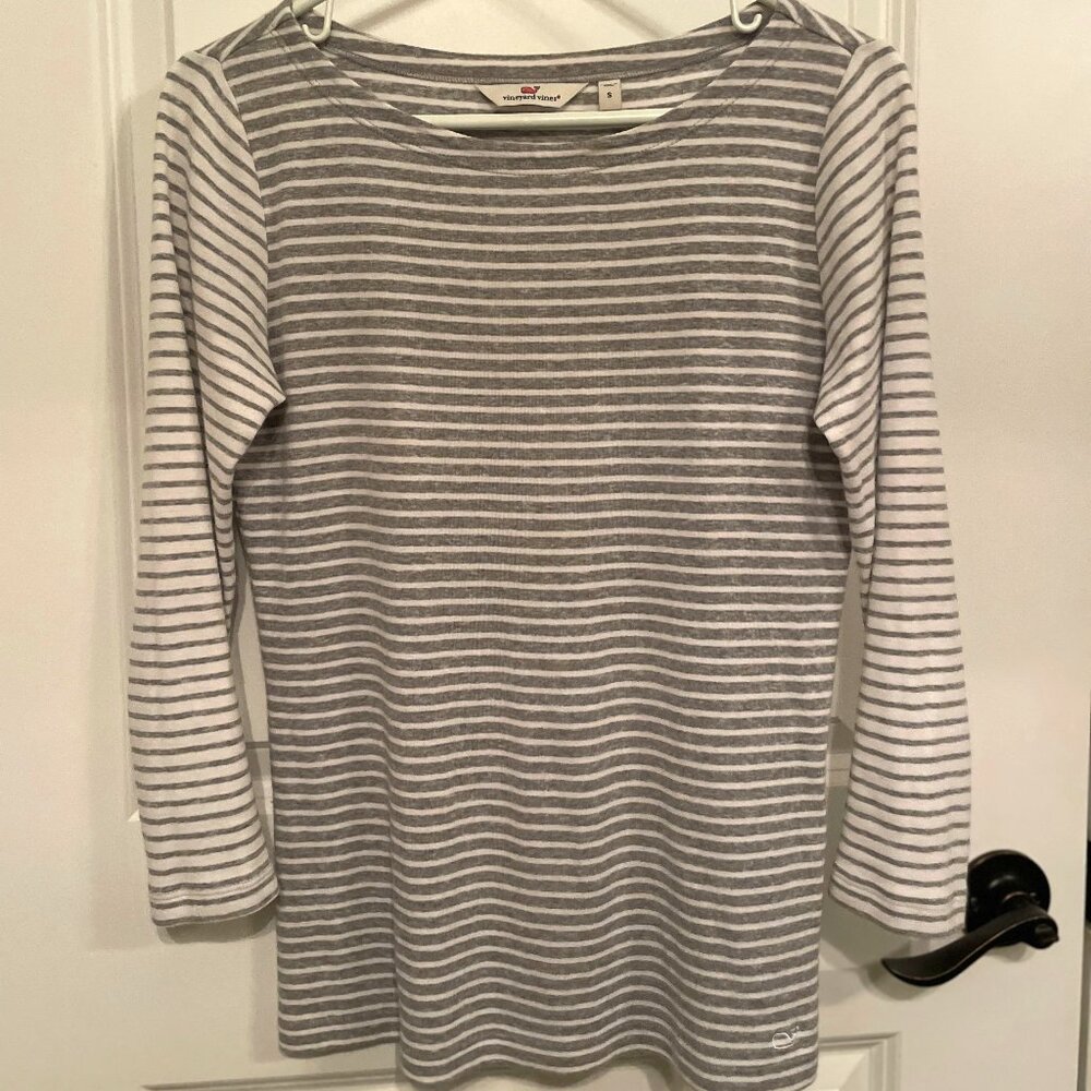 Vineyard Vines Striped Boatneck Gray White 3/4 Sleeve Small
